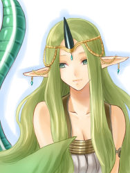 Rule 34 | 1girl, bad id, bad pixiv id, bare shoulders, breasts, cleavage, dragon tail, fire emblem, fire emblem echoes: shadows of valentia, green eyes, green hair, hanasaki komugi, highres, horns, long hair, medium breasts, mila (fire emblem), nintendo, pointy ears, portrait, simple background, single horn, smile, solo, tail, tiara, upper body, very long hair, white background