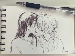 Rule 34 | 2girls, ahoge, art tools in frame, ballpoint pen (medium), blush, closed eyes, commentary request, derivative work, hatching (texture), highres, kiss, koito yuu, long hair, looking at another, low twintails, mitsu (mitsum), multiple girls, nanami touko, pen, photo (medium), short twintails, sweater, traditional media, twintails, upper body, yagate kimi ni naru, yuri