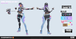 Rule 34 | 1girl, 2023, absurdres, black gloves, black headwear, character name, commentary, concept art, copyright name, dark-skinned female, dark skin, earrings, english commentary, english text, fingerless gloves, full body, gloves, hat, highres, jewelry, k-pop, korean text, le sserafim, logo, long sleeves, looking at viewer, official alternate costume, official art, open hand, overwatch, overwatch 2, purple hair, simple background, slay star sombra, sombra (overwatch), tinadraw, translated