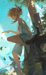 Rule 34 | 1girl, a ji, absurdres, alternate costume, arm support, asymmetrical hair, blonde hair, blue shorts, blue sky, blurry, casual, chinese commentary, cloud, commentary request, dappled sunlight, day, depth of field, dutch angle, expressionless, falling leaves, food, foot out of frame, from side, genshin impact, highres, holding, holding food, holding popsicle, horizon, knee up, leaf, light rays, looking afar, ocean, orange eyes, outdoors, parted lips, popsicle, rock, shirt, shoes, short hair, short sleeves, shorts, sitting, sitting on rock, sky, sneakers, solo, spiked hair, sunbeam, sunlight, t-shirt, tree, white footwear, white shirt, wind, yoimiya (genshin impact)