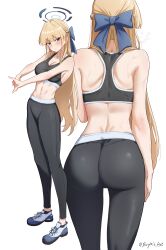 Rule 34 | 1girl, absurdres, ass, back, black pants, black sports bra, blonde hair, blue archive, blue eyes, blue hair, blue halo, blush, braid, breasts, cleavage, closed mouth, halo, highres, long hair, medium breasts, multicolored hair, multiple views, navel, pants, shoes, simple background, sneakers, sports bra, streaked hair, sweat, toki (blue archive), twitter username, white background, whitek