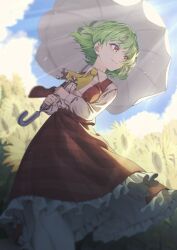 Rule 34 | 1girl, absurdres, ascot, blurry, closed mouth, collared shirt, day, depth of field, feet out of frame, frilled skirt, frills, green hair, highres, holding, holding umbrella, kazami yuuka, long sleeves, open clothes, open vest, outdoors, plaid, plaid skirt, plaid vest, red eyes, red skirt, red vest, shirt, short hair, skirt, smile, solo, touhou, umbrella, vest, wanko sora, white shirt, yellow ascot