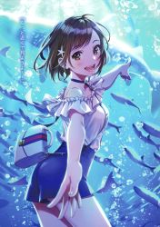 Rule 34 | 1girl, absurdres, animal, bag, bare shoulders, blouse, brown eyes, brown hair, choker, fish, frills, highres, lips, looking at viewer, morikura en, open mouth, original, outstretched hand, scan, shirt, short hair, shorts, shoulder bag, simple background, smile, solo