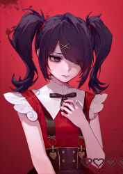 Rule 34 | 1girl, absurdres, ame-chan (needy girl overdose), black eyes, black hair, black ribbon, black skirt, blood, blood splatter, collared shirt, hair ornament, hair over one eye, hair tie, hairclip, hand on own chest, heart, highres, jirai kei, looking to the side, medium hair, neck ribbon, needy girl overdose, nekoymio, parted lips, red background, red shirt, ribbon, shirt, shirt tucked in, skirt, solo, suspender skirt, suspenders, sweat, twintails, upper body, x hair ornament