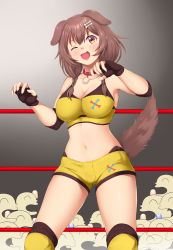 Rule 34 | 1girl, absurdres, adapted costume, animal ears, audience, braid, breasts, brown eyes, brown hair, cleavage, collar, dog ears, dog girl, dog tail, elbow pads, fingerless gloves, gloves, highres, hololive, inugami korone, knee pads, large breasts, listener (inugami korone), midriff, navel, one eye closed, shorts, solo, tail, twin braids, virtual youtuber, wink, wrestling outfit, wrestling ring, yomitrooper