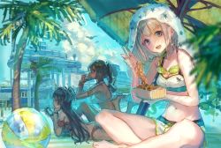 Rule 34 | 3girls, alternate hairstyle, ball, beachball, bikini, bird, black hair, blonde hair, blue eyes, blush, brown hair, chopsticks, closed mouth, cloud, cloudy sky, commentary, cup, day, drinking, earrings, from side, goggles, goggles around neck, grey hair, holding, holding chopsticks, idolmaster, idolmaster shiny colors, izumi mei, jewelry, leaf, long hair, looking at viewer, lying, mayuzumi fuyuko, multiple girls, open mouth, outdoors, palm leaf, palm tree, ponytail, roki (0214278), serizawa asahi, short hair, shorts, sitting, sky, slide, star (symbol), star earrings, straylight (idolmaster), swimsuit, symbol-only commentary, towel, towel on head, tree, two side up, umbrella, water slide, waterpark, yakisoba