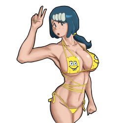 Rule 34 | 1girl, :o, absurdres, arm up, armpits, bikini, blue eyes, blue hair, breasts, cleavage, clenched hand, creatures (company), curvy, game freak, green nails, hair ornament, highres, lana&#039;s mother (pokemon), large breasts, legs, low ponytail, mature female, nail polish, narrow waist, navel, nintendo, open mouth, pokemon, pokemon (anime), pokemon sm (anime), richy hk, sideboob, spongebob squarepants, spongebob squarepants (series), swimsuit, thighs, third-party edit, v, wide hips, yellow bikini