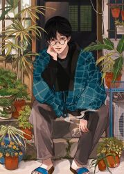 Rule 34 | 1boy, absurdres, black hair, black sweater, blue footwear, blue jacket, cigarette, closed mouth, door, glasses, grey pants, hand up, hanten (clothes), head rest, highres, holding, holding cigarette, house, jacket, kagoya1219, light smile, long sleeves, looking at viewer, looking over eyewear, male focus, original, outdoors, pants, plaid, plaid jacket, plant, potted plant, round eyewear, sandals, sanpaku, short hair, signature, sitting, sitting on stairs, smoke, smoking, solo, stairs, sweater