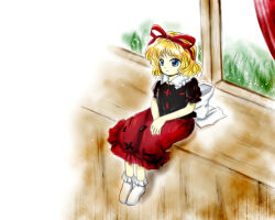 Rule 34 | 1girl, :|, back bow, black shirt, blonde hair, blue eyes, bobby socks, bow, closed mouth, hair ribbon, medicine melancholy, medinki, official style, own hands together, puffy short sleeves, puffy sleeves, red ribbon, red skirt, ribbon, shirt, short hair, short sleeves, sitting, skirt, socks, solo, touhou, white bow, white socks, zun (style)