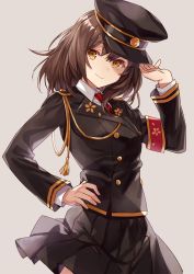 Rule 34 | 1girl, ayazuki mei, black hat, black shirt, black skirt, brown hair, buttons, closed mouth, collared shirt, commentary request, double-breasted, grey background, hand on headwear, hand on own hip, hand up, hat, head tilt, long hair, long sleeves, looking at viewer, meiji tokyo renka, military, military uniform, miniskirt, necktie, peaked cap, pleated skirt, red necktie, shirt, simple background, skirt, smile, solo, twitter, undershirt, uniform, upper body, white shirt, wing collar, yellow eyes, yuzuki karu