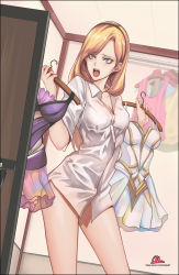 Rule 34 | 1girl, aqua eyes, black hairband, blonde hair, blue eyes, bottomless, breasts, buttons, cal (pmgdd), choice, cleavage, clothes hanger, cowboy shot, dark elementalist lux, dress, elementalist lux, fitting room, hairband, highres, holding, indoors, league of legends, light elementalist lux, long hair, long sleeves, looking at mirror, lux (league of legends), mirror, no pants, open mouth, parted bangs, purple dress, revision, shirt, signature, sleeveless, sleeveless dress, small breasts, solo, watermark, web address, white dress, white shirt