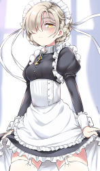 Rule 34 | 1girl, absurdres, apron, azur lane, black dress, blush, breasts, chain, closed mouth, collarbone, commentary request, curtains, dress, frilled apron, frilled dress, frills, garter straps, glint, hair over one eye, highres, juliet sleeves, light brown hair, long sleeves, looking at viewer, maid, maid headdress, medium breasts, orange eyes, puffy sleeves, ryuki (ryukisukune), sheffield (azur lane), skirt hold, solo, thighhighs, waist apron, white apron, white thighhighs, window
