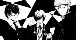 Rule 34 | 3boys, amamiya ren, closed mouth, commentary request, glasses, greyscale, high contrast, jacket, long sleeves, male focus, monochrome, multiple boys, narukami yuu, parted lips, persona, persona 3, persona 4, persona 5, shirt, short hair, thtl, two-tone background, upper body, yuuki makoto (persona 3)