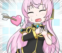 Rule 34 | 1girl, amulet, armband, arrow (projectile), asymmetrical sleeves, blush, chibi, clutching chest, detached sleeves, closed eyes, hatsune negame, headphones, heart, heart arrow, long hair, megurine luka, motion lines, pink hair, solo, sweat, grid background, uneven sleeves, upper body, very long hair, vocaloid