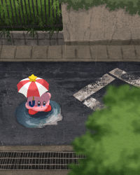Rule 34 | blush, bush, city, fence, grass, highres, iron fence, kirby, kirby (series), miclot, nintendo, open mouth, outdoors, parasol kirby, rain, road, road sign, sign, solo, standing, standing on liquid, star (symbol), street, umbrella, water, water drop