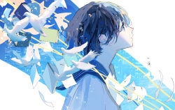 Rule 34 | 1girl, blue eyes, blue hair, blue sailor collar, blue theme, book, bubble, commentary request, flying paper, from side, hagimorijia, highres, looking up, original, paper, parted lips, profile, sailor collar, school uniform, serafuku, shade, shirt, short hair, solo, white background, dove, white serafuku, white shirt