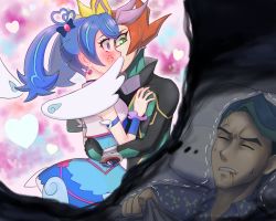 Rule 34 | 10rs21, 1girl, 2boys, bed, bed sheet, blood, blue angel (yu-gi-oh!), blue eyes, blue hair, blush, brother and sister, closed eyes, dreaming, dress, duel disk, duel monster, embarrassed, facial mark, fujiki yusaku, green eyes, hair ornament, hand on another&#039;s chest, heart, heart background, hug, kiss, multicolored hair, multiple boys, nightmare, pillow, playmaker (yu-gi-oh!), siblings, sleeping, spiked hair, sweatdrop, trembling, twintails, two-tone hair, wings, yu-gi-oh!, yu-gi-oh! vrains, zaizen akira, zaizen aoi