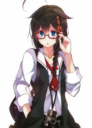 Rule 34 | 10s, 1girl, :o, absurdres, adjusting eyewear, ahoge, alternate costume, bag, bespectacled, blue eyes, blush, braid, brown hair, camera, casual, glasses, hair flaps, hair ornament, hair over shoulder, hair ribbon, hand in pocket, highres, jewelry, kantai collection, kujou ichiso, lipstick, long sleeves, looking at viewer, makeup, necklace, official art, red-framed eyewear, red ribbon, ribbon, semi-rimless eyewear, shigure (kancolle), shigure kai ni (kancolle), shirt, single braid, solo, under-rim eyewear, vest, white shirt
