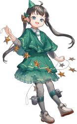 Rule 34 | 1girl, ahoge, bell, black hair, blue eyes, blurry, collared shirt, depth charge, dress, dress shirt, full body, green dress, green hat, grey pantyhose, hair bell, hair ornament, hat, hozuka (kadokawa), kaiboukan no. 22 (kancolle), kantai collection, long hair, official alternate costume, official art, pantyhose, party hat, shirt, solo, standing, star (symbol), third-party source, transparent background, twintails, white shirt