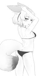 Rule 34 | 1girl, absurdres, animal ears, ass, back, bikini, blush, bob cut, breasts, butt crack, chis (js60216), commentary request, cowboy shot, fennec (kemono friends), fox ears, fox tail, from behind, greyscale, half-closed eyes, hands in hair, highres, kemono friends, looking at viewer, looking back, monochrome, open mouth, short hair, small breasts, smile, solo, standing, sweat, swimsuit, tail