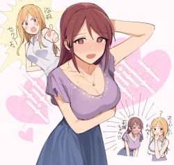 Rule 34 | &gt; &lt;, arm behind head, blonde hair, blouse, blue skirt, blush, breast hold, breasts, brown hair, cleavage, collarbone, embarrassed, heart, idolmaster, idolmaster cinderella girls, idolmaster million live!, jewelry, large breasts, long hair, looking at viewer, mifune miyu, momose (oqo), momose rio, necklace, open mouth, pointing, purple shirt, ringed eyes, shirt, short sleeves, skirt, sleeveless, sleeveless shirt, sparks, sweat, white background, white shirt