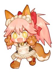 Rule 34 | :d, animal ear fluff, animal ears, animal hands, apron, bell, blush stickers, bow, bright pupils, fang, fate/grand order, fate (series), fox ears, fox tail, gloves, hair bow, hands up, jingle bell, maid apron, maid headdress, neck bell, open mouth, paw gloves, paw shoes, red bow, rosette (yankaixuan), simple background, smile, standing, tail, tamamo (fate), tamamo cat (fate), tamamo cat (second ascension) (fate), thighhighs, white background, white legwear, yellow eyes
