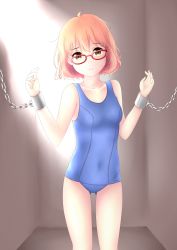 Rule 34 | 10s, 1girl, absurdres, artist request, bdsm, blue one-piece swimsuit, bondage, bound, breasts, brown eyes, cell, chain, cuffs, female focus, glasses, highres, kuriyama mirai, kyoukai no kanata, navel, one-piece swimsuit, red-framed eyewear, restrained, small breasts, solo, swimsuit, wrist cuffs