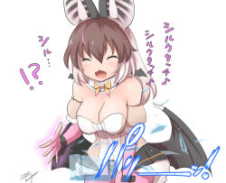 Rule 34 | 1girl, animal ears, bat ears, bat girl, bat wings, bow, bowtie, brown hair, brown long-eared bat (kemono friends), elbow gloves, extra ears, fingerless gloves, gloves, grey hair, kemono friends, kemono friends v project, leotard, long hair, minecraft, open mouth, pantyhose, parody, simple background, skirt, smile, solo, taurine 8000mg, virtual youtuber, white background, wings