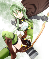 Rule 34 | 1girl, arrow (projectile), black cape, black gloves, black ribbon, boots, bow (weapon), brown footwear, brown shorts, cape, elf, gloves, goblin slayer!, green eyes, green hair, green shirt, green thighhighs, hair ribbon, high elf archer (goblin slayer!), highres, holding, holding bow (weapon), holding weapon, leg up, light particles, long hair, looking at viewer, moonsorrow, open mouth, pointy ears, quiver, ribbon, shirt, short shorts, shorts, sidelocks, sleeveless, sleeveless shirt, solo, thigh strap, thighhighs, weapon