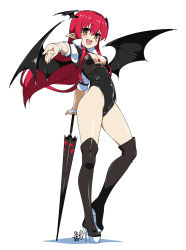 Rule 34 | 1girl, :d, adapted costume, alternate costume, bare hips, between breasts, black leotard, blush, boots, breasts, cleavage, cleavage cutout, closed umbrella, clothing cutout, covered navel, demon wings, female focus, full body, head wings, high heels, highleg, highleg leotard, holding, hyouju issei, koakuma, leotard, long hair, looking at viewer, medium breasts, necktie, open mouth, outstretched arm, outstretched hand, planted, planted umbrella, pointy ears, race queen, red hair, shoes, simple background, smile, solo, standing, thigh boots, thighhighs, touhou, umbrella, white background, wings, wrist cuffs, yellow eyes