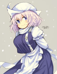 Rule 34 | 1girl, arms behind back, blue eyes, breasts, dated, eyebrows, grey background, hat, iroyopon, large breasts, letty whiterock, purple hair, smile, snow, solo, thick eyebrows, touhou