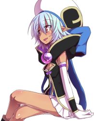 Rule 34 | 1girl, bad id, bad twitter id, blue hair, cleavage cutout, clothing cutout, crossed legs, dark-skinned female, dark skin, from side, gloves, hat, image sample, md5 mismatch, noin (shinrabanshou), open mouth, pointy ears, red eyes, resized, shinrabanshou, short hair, simple background, sitting, skirt, solo, white background, white gloves, zyugoya