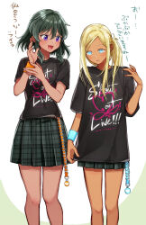 2girls alternate_hairstyle aqua_eyes belt bintaptyo black_shirt blonde_hair blue_belt blue_wristband blush border breasts dark-skinned_female dark_skin green_border green_hair green_skirt highres idolmaster idolmaster_cinderella_girls idolmaster_cinderella_girls_starlight_stage layla_(idolmaster) long_belt long_hair looking_at_another looking_down medium_breasts multiple_girls natalia_(idolmaster) open_mouth orange_belt orange_wristband outside_border plaid_clothes plaid_skirt pleated_skirt ponytail purple_eyes shirt short_hair short_sleeves skirt small_breasts smile standing white_background