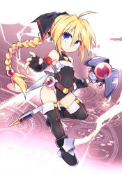 Rule 34 | 1girl, belt, black thighhighs, blonde hair, blue eyes, boots, bow, braid, covered navel, elbow gloves, fingerless gloves, full body, girl with a blonde braid (tomoshibi hidekazu), gloves, leg lift, leotard, long hair, looking at viewer, magic circle, original, outstretched arms, outstretched hand, ponytail, ribbon, single braid, sleeveless, solo, standing, standing on one leg, thighhighs, tomoshibi hidekazu, very long hair, wand, weapon