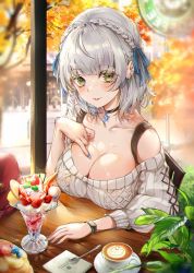 Rule 34 | 1girl, blue nails, blue ribbon, blush, braid, breasts, cappuccino, chair, cleavage, commentary request, crown braid, dessert, food, green eyes, hololive, kinokohime, large breasts, looking at viewer, nail polish, parfait, ribbon, shirogane noel, shirogane noel (casual), short hair, sidelocks, silver hair, sitting, solo, sweater, table, virtual youtuber, watch