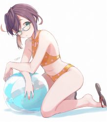 Rule 34 | 1girl, ball, beachball, bikini, blush, breasts, commentary request, full body, glasses, green eyes, kantai collection, kneeling, looking at viewer, navel, okinami (kancolle), open mouth, polka dot, purple hair, sandals, short hair, simple background, small breasts, solo, swimsuit, totto (naka), white background