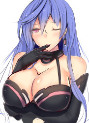 Rule 34 | 1girl, ;), arm under breasts, bare shoulders, blue hair, blush, breasts, choker, cleavage, daiaru, earrings, elbow gloves, gloves, hair between eyes, hand to own mouth, highres, iris heart, jewelry, kami jigen game neptune v, large breasts, long hair, looking at viewer, neptune (series), one eye closed, pink eyes, simple background, single earring, smile, solo, sweat, upper body, white background