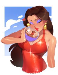 Rule 34 | 1girl, absurdres, bare arms, bare shoulders, blue background, blush, breasts, brown hair, cheek press, cleavage, closed eyes, closed mouth, combos &amp; doodles, cropped torso, donkey kong (series), dress, earrings, eyelashes, eyeshadow, female focus, fingernails, gashapon, gold earrings, heart, highres, jewelry, large breasts, lips, lipstick, long fingernails, long hair, makeup, mario (series), mario vs. donkey kong, mario vs. donkey kong 2: march of the minis, mini donkey kong, nail polish, nintendo, nose, pauline (mario), purple eyeshadow, red dress, red lips, red nails, shiny skin, sleeveless, sleeveless dress, smile, solo, sparkle, thick lips, toy, upper body, white background