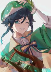 Rule 34 | 1boy, androgynous, aqua hair, bard, beret, black hair, braid, cape, cecilia flower (genshin impact), collared cape, flower, frilled sleeves, frills, genshin impact, gradient hair, green cape, green eyes, green hat, grin, hat, hat flower, highres, holding, holding instrument, instrument, juliet sleeves, long sleeves, looking at viewer, lyre, male focus, multicolored hair, one eye closed, puffy sleeves, shirt, short hair with long locks, side braids, smile, takachiho0417, trap, twin braids, venti (genshin impact), white flower, white shirt