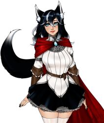 Rule 34 | 1girl, animal ears, art moira, black hair, black nails, blue eyes, breasts, cloak, corruption of champions 2, curvy, dog ears, dog girl, dog tail, drifa (coc2), fluffy, gem, gloves, hair between eyes, happy, leather, leather gloves, long hair, looking to the side, medium breasts, monster girl, multicolored hair, nail polish, red cloak, red lips, skirt, smile, standing, tail, thick thighs, thighhighs, thighs, two-tone hair, white hair