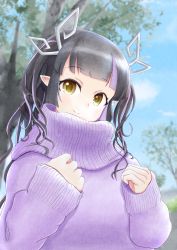 Rule 34 | 1girl, nanashi inc., absurdres, alternate costume, black hair, blue sky, blunt bangs, blurry, blurry background, blush, closed mouth, cloud, commentary request, day, demon girl, demon horns, highres, horns, kojo anna, long hair, looking at viewer, multicolored hair, outdoors, pink sweater, pointy ears, purple hair, robou no stone, sky, sleeves past wrists, smile, solo, sugar lyric, sweater, tree, turtleneck, two-tone hair, upper body, virtual youtuber, yellow eyes