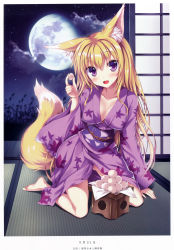 Rule 34 | 1girl, absurdres, animal ears, artist name, barefoot, blonde hair, breasts, cleavage, collarbone, dango, artistic error, eyebrows, fang, food, fox ears, fox girl, fox tail, full moon, highres, japanese clothes, kimono, kneeling, long hair, looking at viewer, medium breasts, moon, night, night sky, open clothes, open kimono, open mouth, original, purple eyes, sash, sky, solo, star (sky), starry sky, tail, tatami, tateha (marvelous grace), wagashi, wrong foot, yukata
