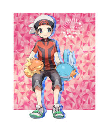 Rule 34 | 1boy, artist name, beanie, black pants, blue eyes, blush, bracelet, brendan (pokemon), brown hair, capri pants, closed mouth, cocoloco, commentary request, creatures (company), dated, game freak, gen 3 pokemon, green footwear, grey eyes, hat, invisible chair, jewelry, male focus, mudkip, nintendo, pants, pokemon, pokemon oras, shirt, shoes, short hair, short sleeves, sitting, smile, sneakers, tight clothes, tight shirt, torchic, turtleneck, twitter username, white footwear, white headwear, zipper pull tab