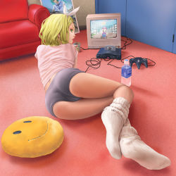 Rule 34 | 1girl, ass, back, blonde hair, bottle, cameltoe, cameo, casual, couch, feet, foot focus, foreshortening, from behind, game console, green eyes, hair ornament, hair ribbon, hairclip, hatsune miku, highres, kagamine rin, legs, lips, looking back, lying, mario, mario (series), midriff, nintendo, nintendo 64, no shoes, on side, open mouth, pantylines, photo (object), pi (pppppchang), pillow, playing games, pocari sweat, presenting, product placement, profile, realistic, ribbon, school uniform, screencap, shirt, short hair, short shorts, shorts, smiley face, socks, solo, super mario 64, t-shirt, television, vocaloid, water bottle, white socks