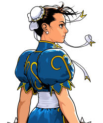 Rule 34 | 1girl, bracelet, bun cover, capcom, capcom fighting jam, china dress, chinese clothes, chun-li, double bun, dress, earrings, female focus, highres, jewelry, mori toshiaki, official art, pantyhose, profile, solo, spiked bracelet, spikes, standing, street fighter, transparent background, wind