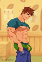 Rule 34 | 1boy, abs, absurdres, alex (stardew valley), alternate pectoral size, artist request, ass, ass lift, ball, bara, boxers, brown hair, bulge, bulge lift, clothes lift, denim, dressing, facial scar, feet out of frame, from side, green eyes, green male underwear, highres, i&#039;ve never seen a guy recreate this successfully tbh (meme), jeans, large pectorals, looking at viewer, male focus, male underwear, meme, motion lines, muscular, muscular male, navel, nipples, open pants, pants, pants lift, pectorals, penis, penis peek, rugby ball, scar, scar on cheek, scar on face, shirt lift, short hair, sideburns, solo, stardew valley, stomach, thick eyebrows, underpec, undersized clothes, underwear