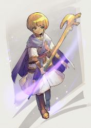 Rule 34 | 1girl, aoki (fumomo), blonde hair, blunt bangs, boots, bracer, brown footwear, cape, closed mouth, dress, full body, golden sun, green eyes, holding, holding staff, purple cape, sheba (golden sun), sleeves past elbows, smile, solo, staff, white dress