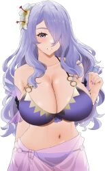 Rule 34 | 1girl, absurdres, bikini, breasts, camilla (fire emblem), camilla (summer) (fire emblem), cleavage, collarbone, fire emblem, fire emblem fates, fire emblem heroes, flower, genm7, hair flower, hair ornament, hair over one eye, highres, huge breasts, looking at viewer, nail polish, navel, nintendo, o-ring, o-ring bikini, official alternate costume, pink nails, purple bikini, purple eyes, purple hair, purple nails, sarong, see-through sarong, smile, solo, swimsuit, teeth, upper body, wavy hair, white background