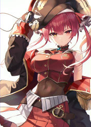 Rule 34 | 1girl, bare shoulders, belt, black hat, bodystocking, breasts, covered navel, crop top, eyepatch, hair ornament, hat, heterochromia, highres, hololive, houshou marine, jewelry, large breasts, looking at viewer, myung yi, off shoulder, pirate hat, red eyes, red hair, solo, two side up, unworn eyepatch, virtual youtuber, yellow eyes