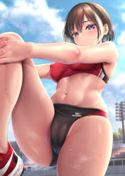 Rule 34 | 1girl, bad id, bad pixiv id, bare legs, black buruma, blue eyes, breasts, brown hair, buruma, cameltoe, cleft of venus, closed mouth, covered erect nipples, day, hair between eyes, highres, kase daiki, looking at viewer, medium breasts, mole, mole on thigh, mole under eye, navel, original, outdoors, red sports bra, shoes, short hair, solo, sports bra, standing, standing on one leg, stomach, sweat, track uniform